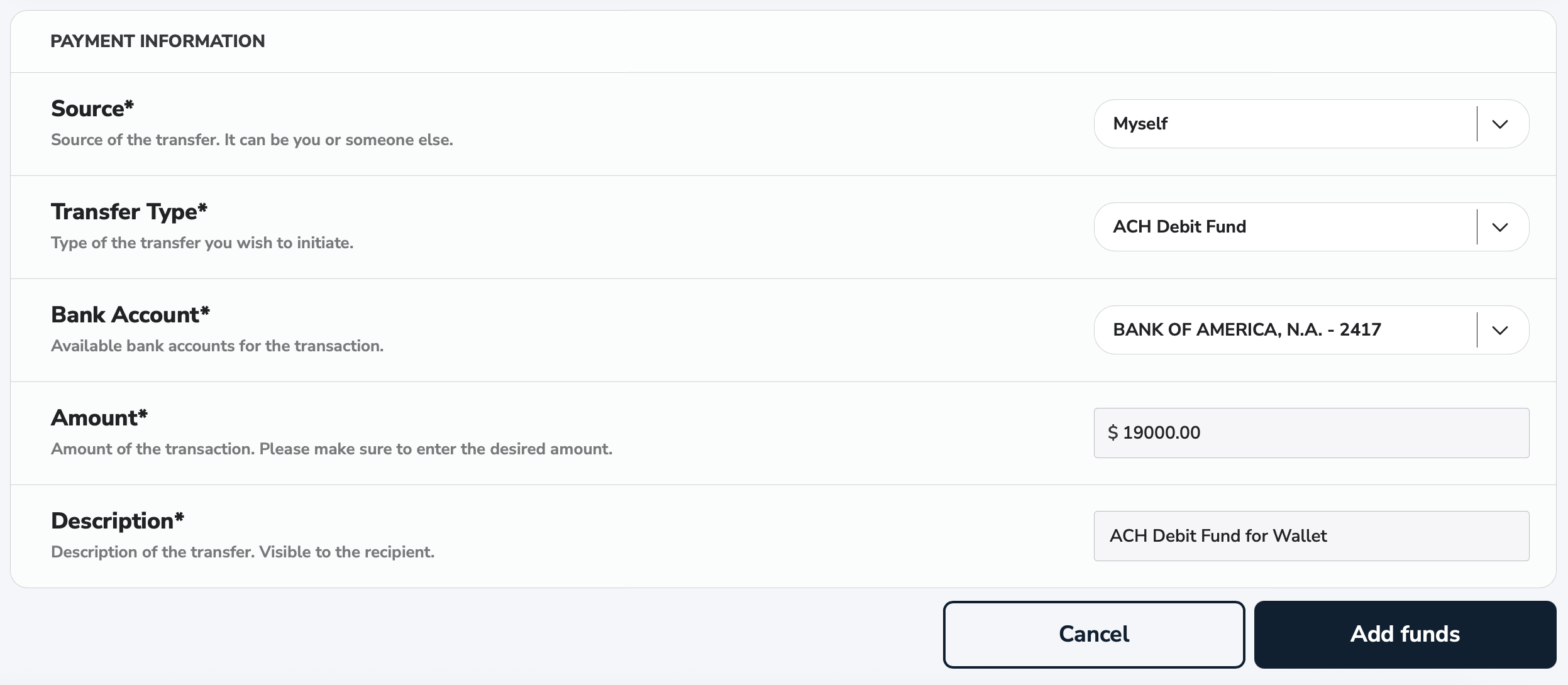 Wallet ACH Debit Fund